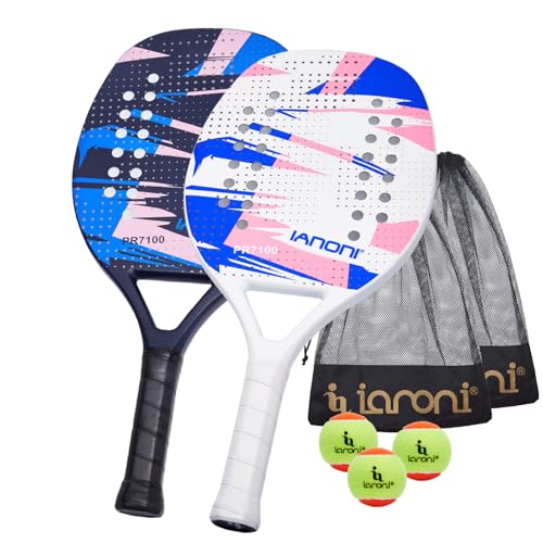 Beach Tennis Paddle Beach Tennis Racket Carbon Fiber with EVA Memory Foam Core Tennis Paddles Set of 2 Paddle and 3 Balls(Blue and White)