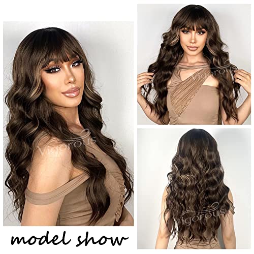 Vigorous Brown Wig With Bangs Long Wavy Wig For Women Synthetic Curly Wavy Wigs Brown Mixed Blonde Color For Daily Party Use #TOP5