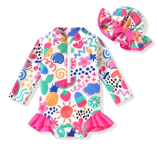 Image of Aalizzwell Baby Girls Long Sleeve One Piece Swimsuit with Hat