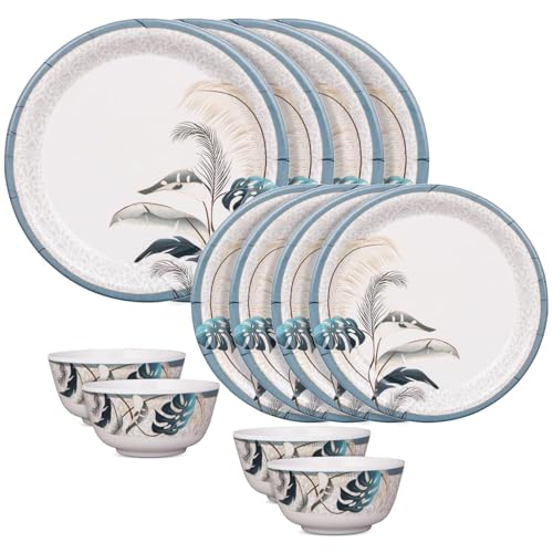 Image of Golden Fish Melamine Dinner Set 12 Pieces | BPA-Free & Dishwasher Safe | Durable & Stylish | Crockery Set for Dining & Gifting | Plates & Bowls for Daily Use (White & Blue) (Rose Marry-3)