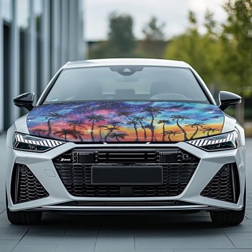 Image of Galaxy Palm Tree Waterproof Car Cover Polyester Elastic Fabrics Patriotic Car Hood Cover Suitable for Auto Car Truck, Van, SUV, Pickup
