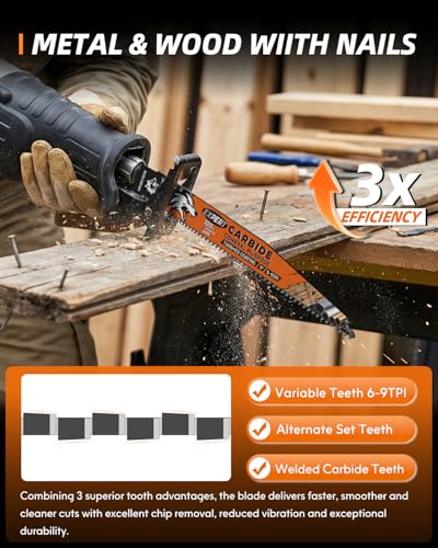 Image of Expert Carbide Reciprocating Saw Blade, 9 Inch 6-9TPI Saw Blades for Metal, Steel, Copper, Aluminium, Wood with Nails, 3 Pack