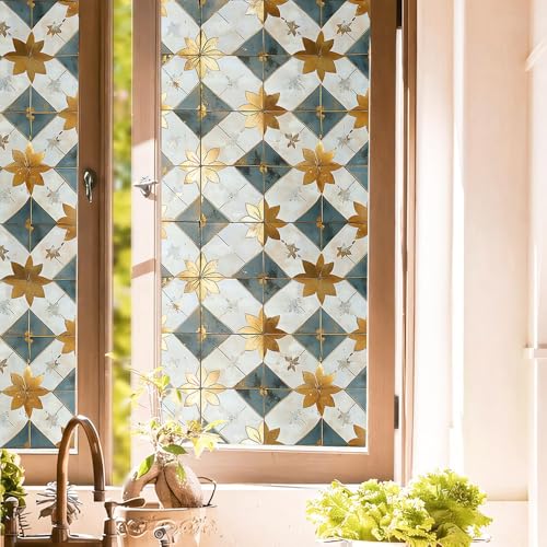 Vinilo decorativo para ventana azul y oro 15.7x118 in miniatura 1