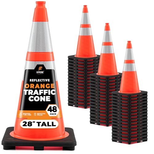 Image of Xpose Safety 28 inch Orange Traffic Cones, 48-Pack, 6 inch & 4 inch Collar