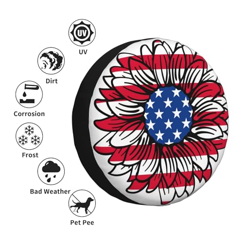Image of Spare Tire Cover American Flag Sunflower Wheel Covers USA Flag Weatherproof Universal Wheel Protectors for Rv SUV Camper Travel Trailer 15 Inch