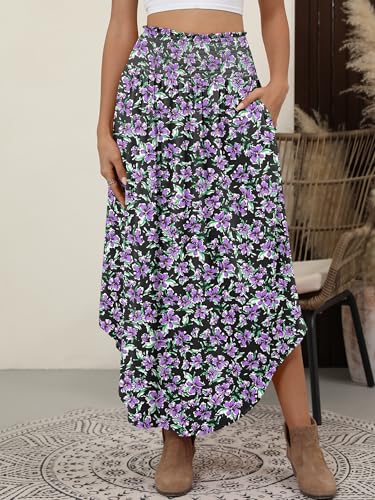 Image of ANRABESS Women's Maxi Skirts Summer Boho Floral High Waisted Flowy Swing Pleated Beach Long Skirt with Pockets