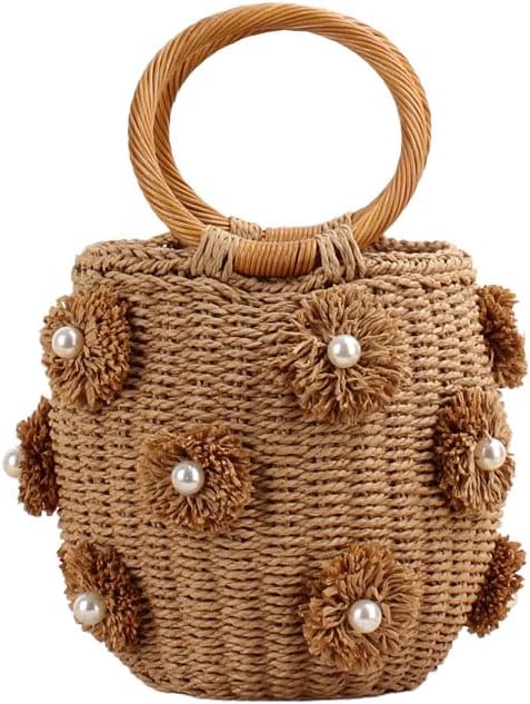 Nice Pies Flower Pearls Rattan Tote Bag Summer Beach Drawstring Straw Bucket Bag Diamonds Woven Handbag