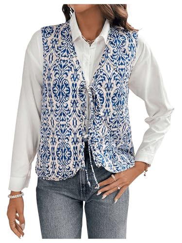 OYOANGLE Women's Floral Print Sleeveless Boho Vest Tops Lightweight Tie Front V Neck Vintage Waistcoats