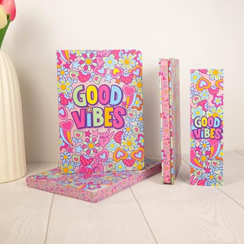 Image of Articious Notebook Set, Premium Hardcover Journal, Bookmark and Matching Box |192 Ruled Pages, 80 GSM | A5 Ruled Writing Notebook for Girls, School & Office | Durable Cover, Smooth Paper- Good Vibes