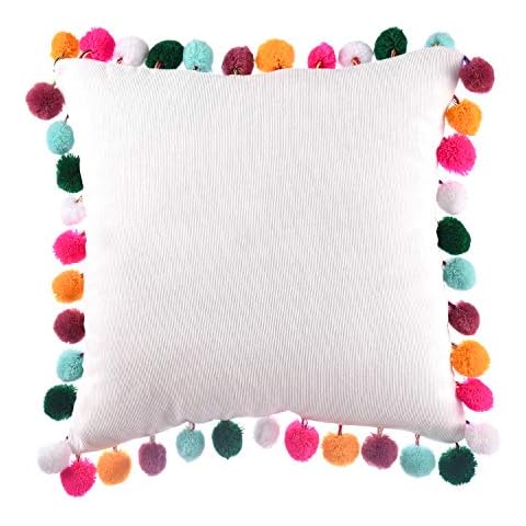 leegleri Pom Pom Fringe Throw Pillow Covers Decorative Soft Corduroy Cushion Pillowcase Sham with Zipper for Couch Sofa Bed (White,16 x 16 Inches) Cover