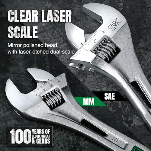 Image of SK 10-Inch Adjustable Wrench, 1-7 /16 inch Jaw Capacity, SAE&Metric Scales | X-Frame Handle, Precision Jaw, Heat Treated CR-V Steel, Chrome-Plated Rust Resistant Finish
