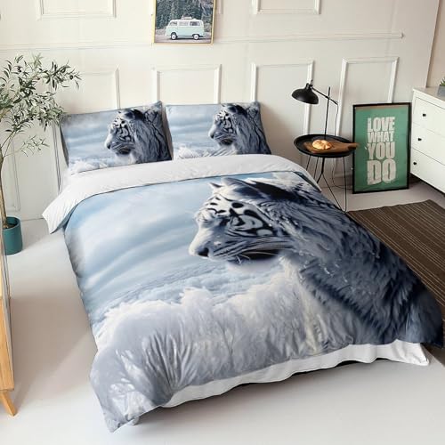 Parure tigre blanc housse de couette 200x200 en microfibre premium