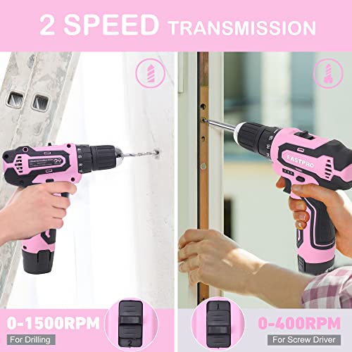 Fastpro 42-Piece 12V Pink Drill Kit, Lithium-Ion Cordless Drill Driver, 3/8 In. Drill Driver Set With One 1.5 Ah Batteries, Charger And Tool Bag #TOP3