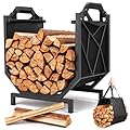 HIHADUUM Firewood Rack with Canvas Log Carrier, Log Holder Wood Storage, Indoor/Outdoor Wood Rack for Firewood, Waterproof Rustproof Stable Firewood Holder and Fireplace Organizer
