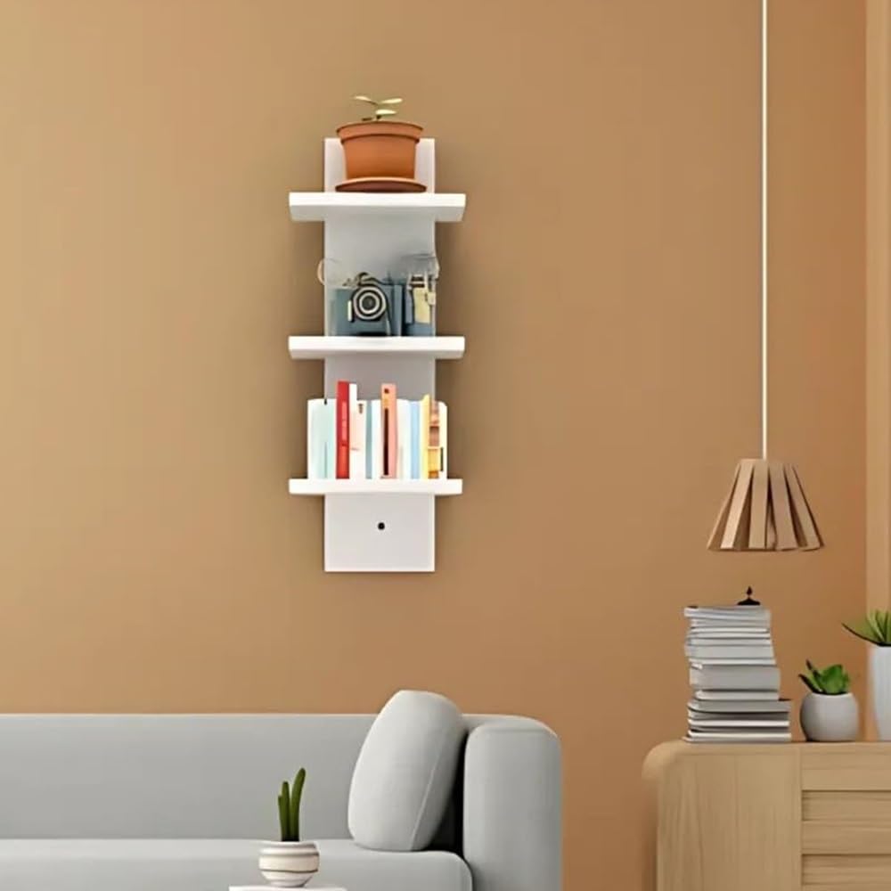 flux Wooden Wall Shelves for Living Room Home Decor Items Floating Book Rack for Study Room, Office, Kitchen Mounted Shelves Vertical Design for Living Room (Mini Three Tier Shelf Without hook, White)