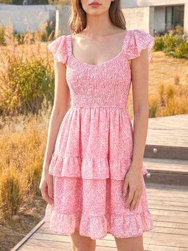 Image of Fessceruna Womens Summer Ruffle Dresses Elastic Empire Waist A-line Layered Swing Flowy Mini Dress