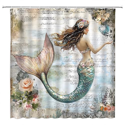 DSMEUE Mermaid Shower Curtain Vintage Ocean Mermaid Floral Old Abstract Beige Blue Fabric Curtain with Hooks for Bathroom Decor 70x70 Inch