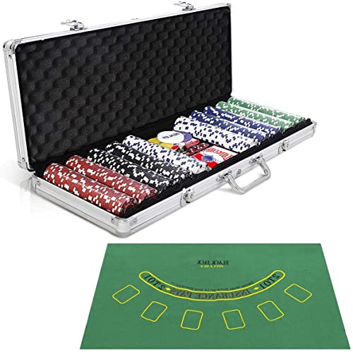 GYMAX ポーカーチップ ポーカー チップ 500枚 カジノチップ ポーカーセット 各色各100枚 数字無し トランプ付き マット付き テーブルゲーム カジノセット シルバー GYMAX ポーカーチップ ポーカー チップ 500枚 カジノチップ ポーカーセット 各色各100枚 数字無し トランプ付き マット付き テーブルゲーム カジノセット シルバー