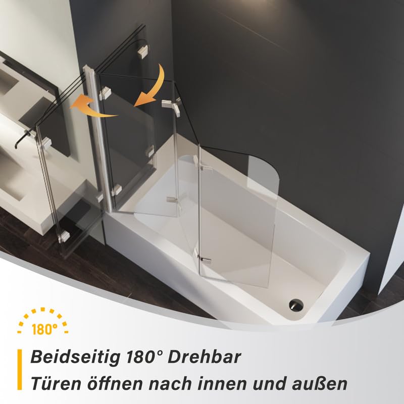 Goezes Duschwand für Badewanne 3-teilig 120x140cm Weiß Duschabtrennung, Faltbar Glas Duschtrennwand aus 6mm ESG Sicherheitsglas mit Nano beschichtung, Weiß Badewannenaufsatz Trennwand