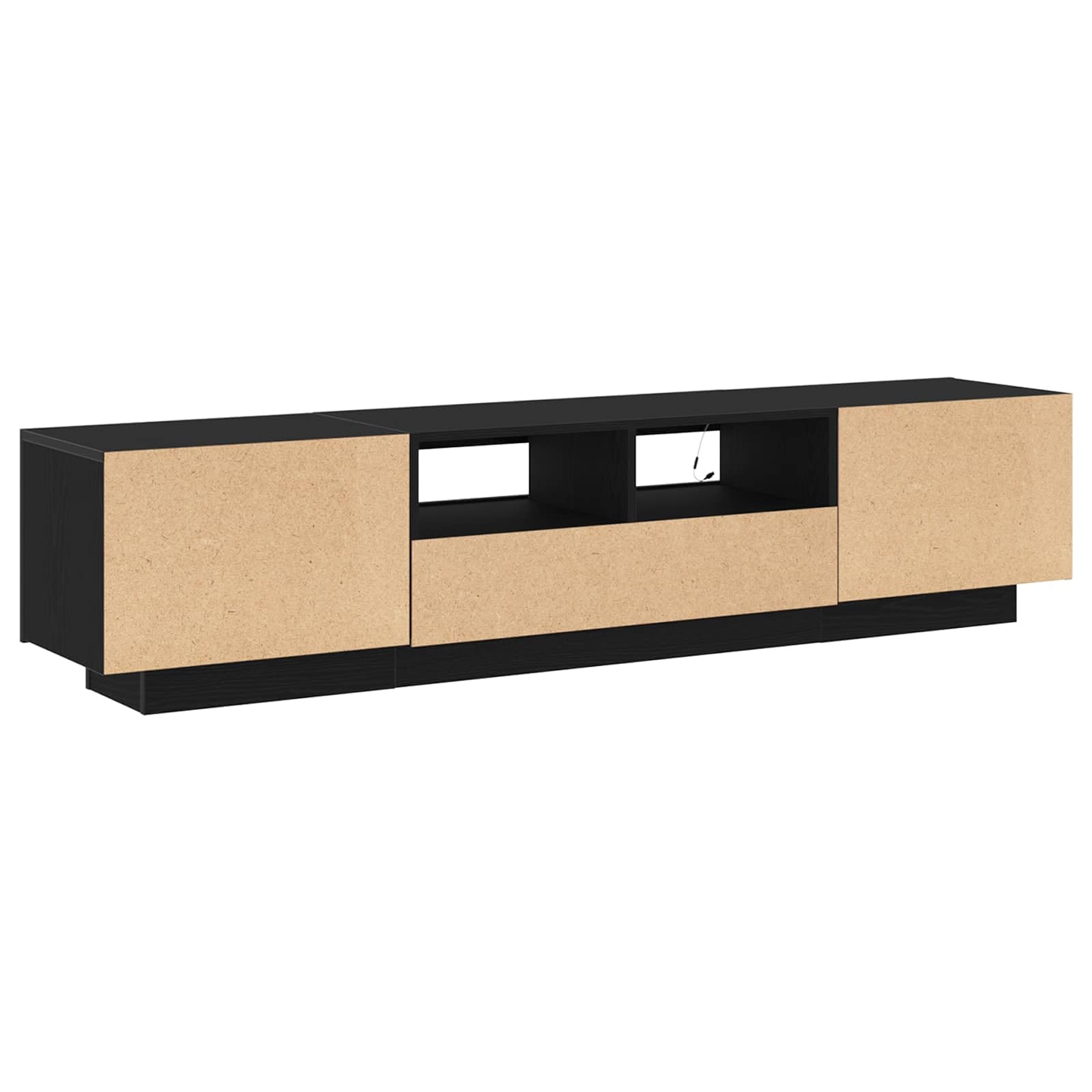 Set mobile TV nero in legno ingegnerizzato con 2 pezzi, design moderno con ripiani, porte a filo, strisce LED USB, ideale per soggiorno e supporto televisore