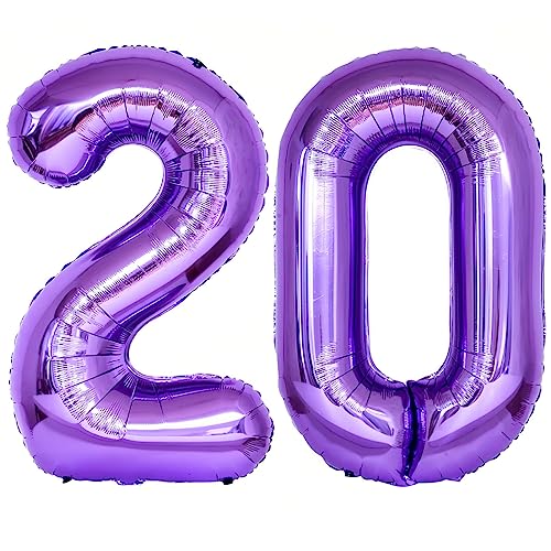 Image of Number 20 Purple Balloons 40 Inch Giant Purple 20 Number Foil Helium Balloons for 20th Purple Birthday Party Supplies 20th Anniversary Events Decorations