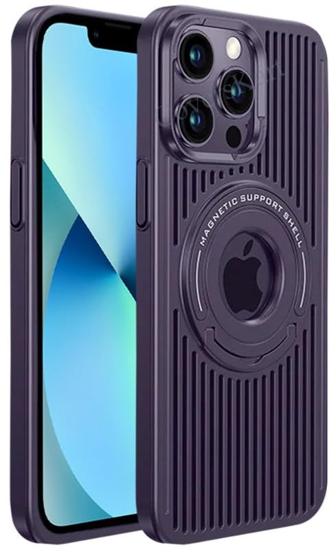 Image of Hybird Slim Armor Back Case Cover for iPhone 15 Pro MagSafe Heat Dissipation Kickstand | Magnetic Shell with Logo- View (Deep Purple)