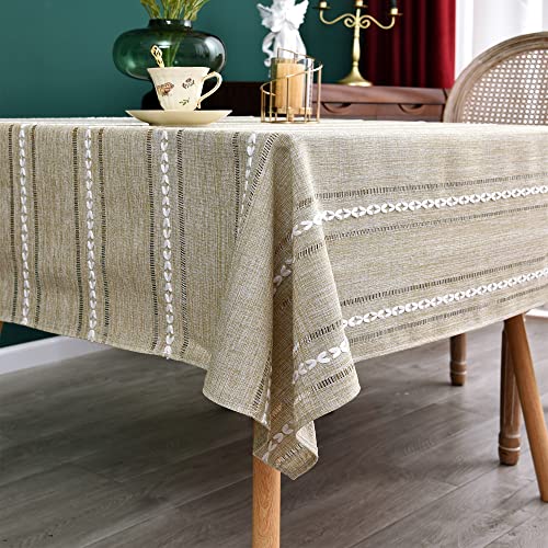 NEWISHER Rustic Farmhouse Embroidered Square Tablecloth Jacquard Striped Table Cloth Linen Washable Dining Table Cover Kitchen Dining Home Decoration Yellow 70×70 inch