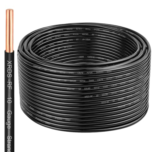 Image of THHN Wire 100 FT, Single Bare Copper Conductor, 10AWG Black Electrical Wire, Solid Building Wire 600V Nylon Sheath Cable for Indoor /Outdoor Applications