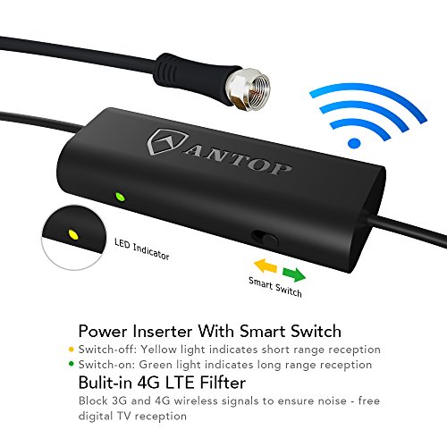 ANTOP AT-202B Flat-Panel Smartpass Amplified TV Antenna HD Indoor Usage with Built-in 4G LTE Filter 40/50 Mile Range Multidirectional Digital TV Antenna, 10' Cable, 4K UHD Ready, Piano Black