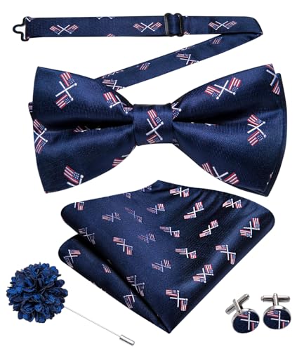 Image of Hi-Tie Bow Ties for Men Pre-Tied Pocket Square with Cufflinks Mens Bowtie Sets for Wedding Formal Party