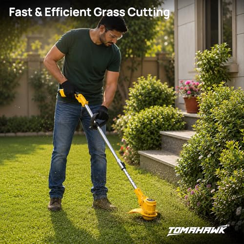 Image of Tomahawk TCBC-12 12V Cordless Brush Cutter, Brushless Motor, 1.5Ah x 2 Batteries, Adjustable Length Shaft, 10,000 RPM, Light Duty Garden Grass & Weed Trimmer with Saw Blade & Rope Attachment
