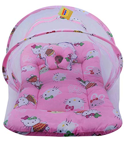 Image of Fareto Baby Folding Teddy Print Mattress with Mosquito Net(0-6 Months) (Pink)(Size: L-34Inchs, B-22Inchs)