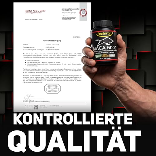 MACA Kapseln hochdosiert + extra stark - 120 Kapseln, Maca Pulver Extrakt, Tribulus terrestris, Pinienrinde, natürliches Vitamin C, Selen, Zink trägt zum Erhalt eines normalen TESTOSTERON SPIEGELS bei