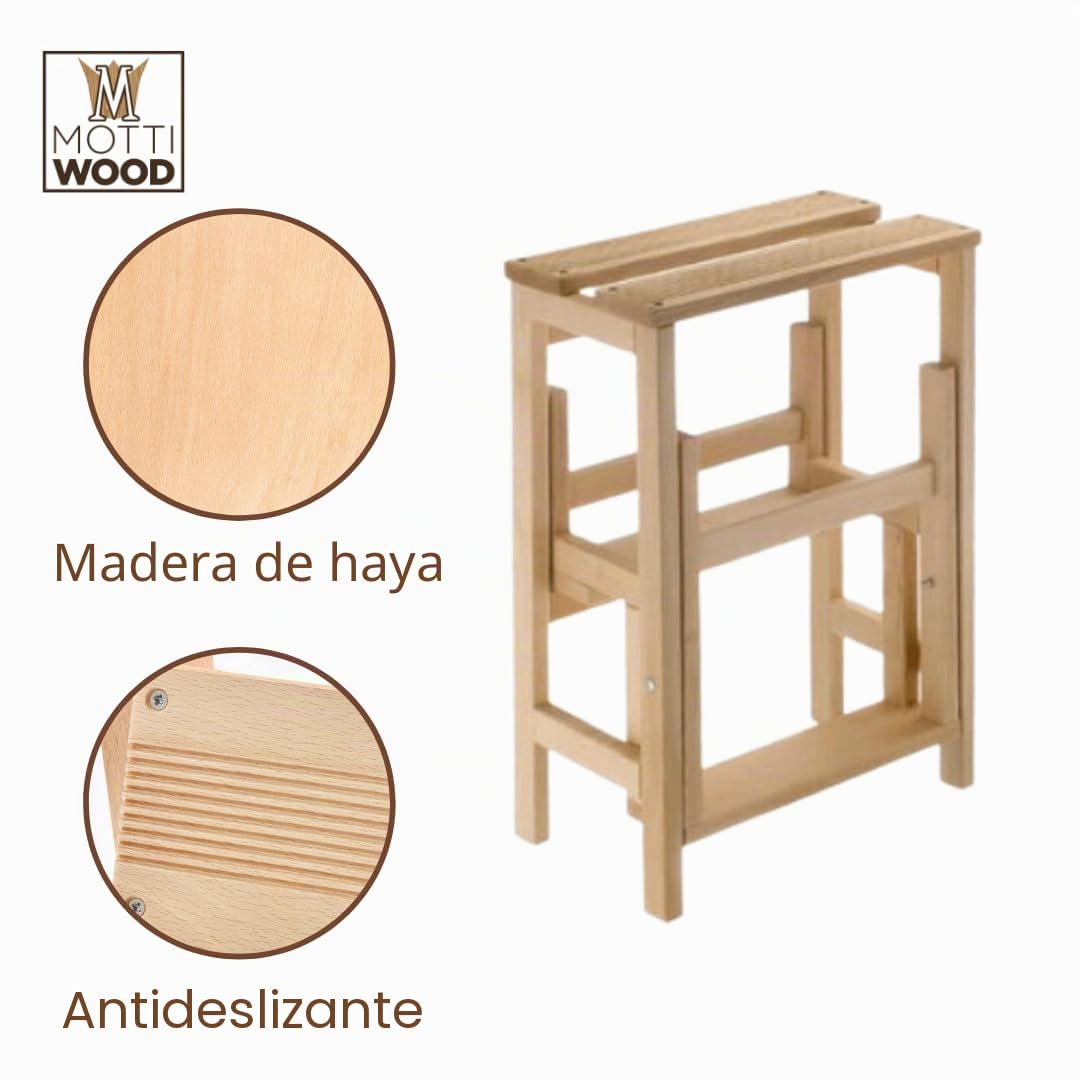 Taburete con escalera de madera de haya natural plegable, ahorra espacio, 3 peldaños