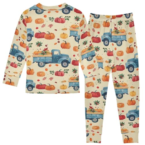 Fustylead Vintage Blue Harvest Car and Pumpkin Berry Leaves Long Sleeve Top and Matching Bottom Cotton Pajama Sets2