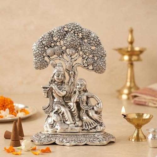Image of KridayKraft Metal Radha Krishna Idol with Under Tree Decorative Showpiece Statue for Puja Room Home Office Desk Gift Items Ornate Metal Sculpture of Hindu Deities, 18 cm Height Silver