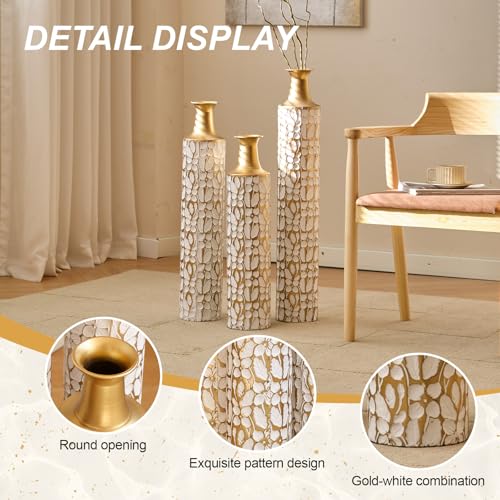 Tall Floor Vases for Centerpieces Decor 3 Pack Gold Decorative High Vases Home Decor Vintage Large Vase Twigs Dried Flowers Living Room Antique Worn Vase - Image 3