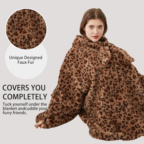 Image of Softan Blanket Hoodie, Oversized Wearable Blanket for Adult Women and Men Gifts, Super Cozy Warm and Soft Hooded Blanket Sweatshirt, Brown Cheetah Print Faux Fur Blanket Sweatshirt with Large Pocket
