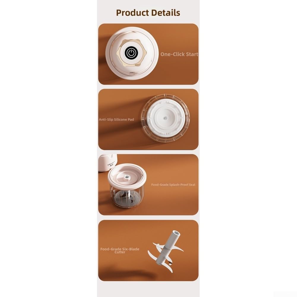 Tritatutto elettrico ricaricabile tramite USB, ciotola in vetro da 350 ml, con 6 lame in acciaio inossidabile, 28000 giri/min wireless per mini tritacarne, per aglio (polvere da 350 ml)