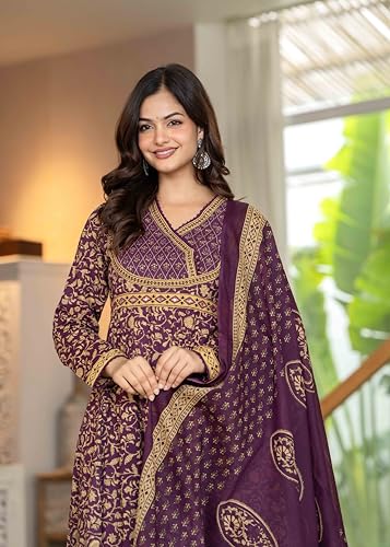 Image of Pistaa's Women's Pure Cotton Anarkali Floral Printed Hand Work Kurta with Pant & Dupatta Set