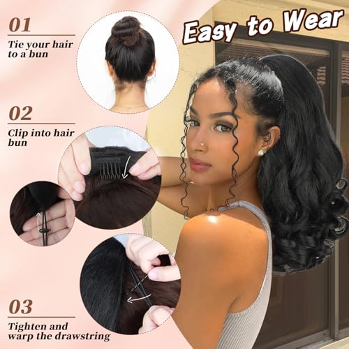 Cisyia Ponytail Extension 16 Inch Wavy Curly Black Drawstring Ponytail For Black Women Yaki Loose Curly Pony Tails Natural Synthetic Hairpiece Thick For Daily Use thumb #4