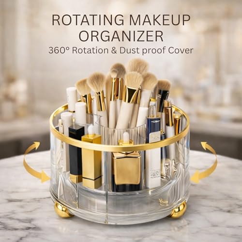 Image of KREPS 360 Rotating Makeup Brush Holder with Lid, Makeup Organizer for Nail Polish Perfume Lipstick Pen-Pencil Paint Brush Stationary, Multifunctional Dressing Table Storage.