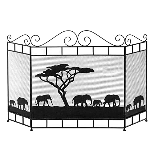 Genérico Mampara de Chimenea Plegable con diseño de Elefante y árbol, 3 Paneles de 82 cm de Alto, para fogón de carbón o Estufa de leña, Divisor de Estufa para el hogar (Color: Negro)