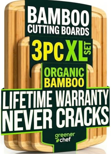 Greener Chef Luxury XL Bamboo Cutting Board Set of 3 with Vertical Grain Strength Technology - Extra...