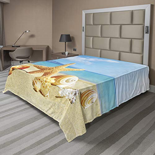Ambesonne Seashells Flat Sheet, Summer Beach Theme and Sand with Rays in The Sky Clouds Seaside Marine, Soft Comfortable Top Sheet Decorative Bedding 1 Piece, Queen Size, Aqua Ivory Mustard