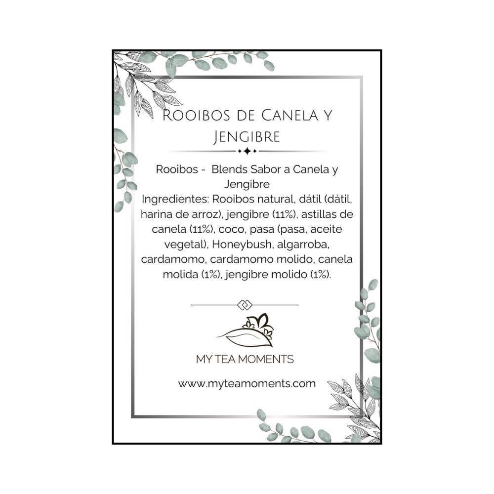 Rooibos de Canela y Jengibre a Granel 100 Gramos - My Tea Moments - Cultivo Sostenible - Ingredientes Naturales: Algarroba, Canela, Cardamomo, Coco, Dátil, Jengibre, Uva Pasa.