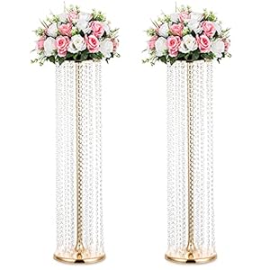 Nuptio 2 Pieces Flower Stands High Gold 90 cm Crystal Wedding Centrepieces Vase Metal Flowers Vases for Party Table Decorations Elegant Mass Wedding Decoration Table Lamp Centre Piece Stands