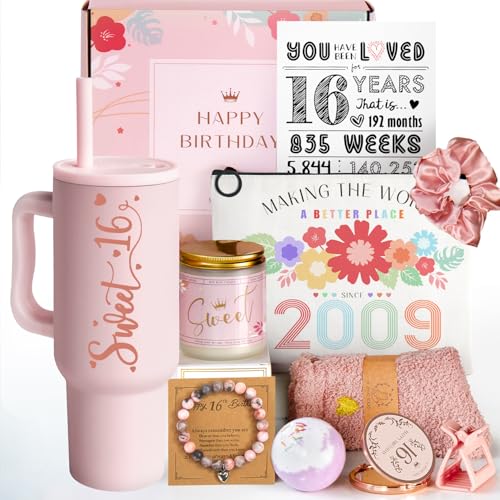 Sweet 16 Gifts for Girls - 16 Year Old Girl Gifts - Happy 16th Birthday Party Decorations for Girls Pink - 11 Pieces Unique Sweet Sixteen Gift for Teen Girl, Daughter, Niece, Granddaughter