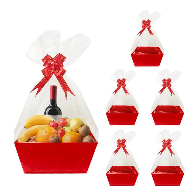 Worown 6 Pack Red Cardboard Basket for Gifts Empty, 8 x 10 Inch Kraft Basket Kit with Bags and Pull Bows for Packing Gift on Easter, Christmas,
