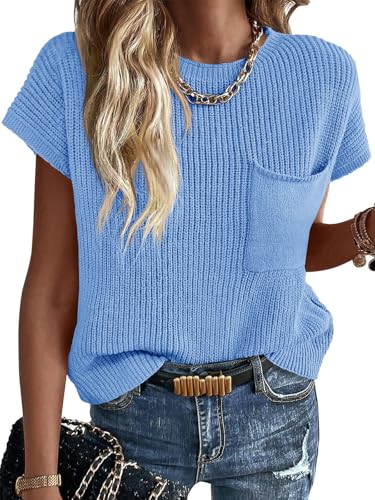 Image of Imily Bela Summer Fall Short Sleeve Sweater for Women | 2026 Crew Neck Ribbed Knit Vests Trendy Pullover Tops,Sweater Tank Tops,Sweater Vest